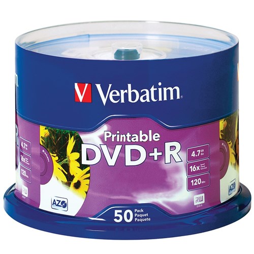 Verbatim Recordable DVD+R 120Min 4.7GB 16X Printable Inkjet Pack Of 50 White