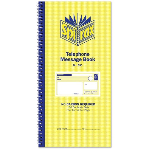 Spirax 550 Telephone Message Book Carbonless 4 Per Page 160 Duplicate Sets Side Opening | Better Office