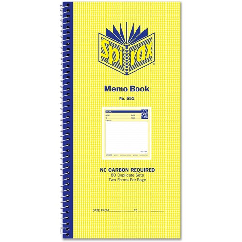 Spirax 551 Memo Book Carbonless 2 Per Page 80 Duplicate Sets Side Opening