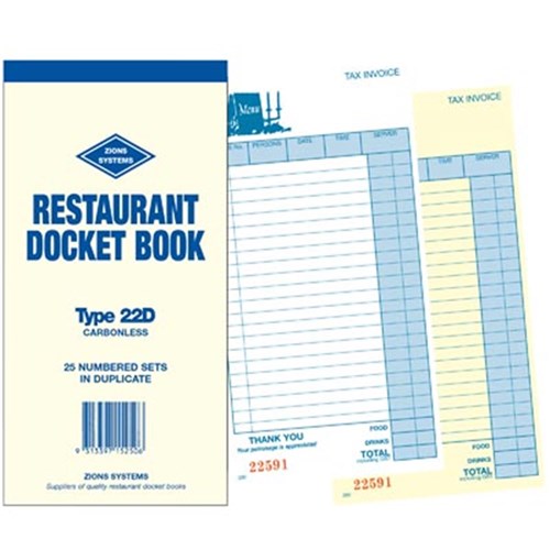 Zions 22D Restaurant Docket Book Carbonless Duplicate 200x100mm 50 Sets