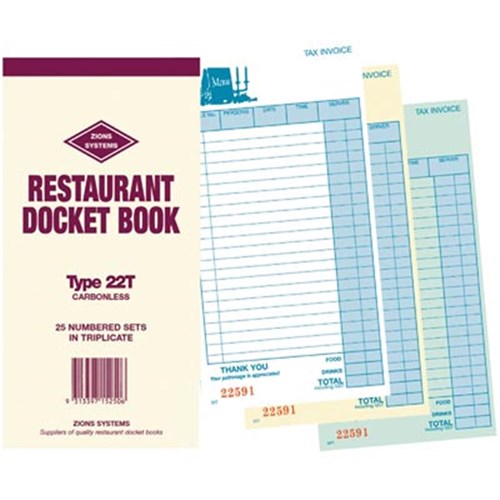 Zions 22T Docket Book Carbonless Triplicate 200x100mm 25 Sets