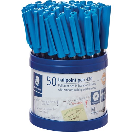 Staedtler 430 Stick Ballpoint Pens Medium 1mm Blue Cup of 50