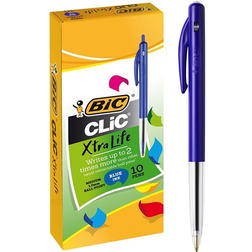 Bic Clic M10 Xtra Life Ballpoint Pen Retractable Medium 1mm Blue Pack of 10