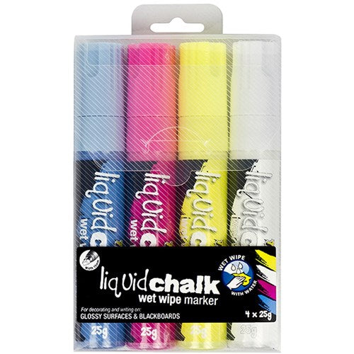 Texta Jumbo Liquid Chalk Markers Wet Wipe Chisel 15mm Assorted Wallet Of 4