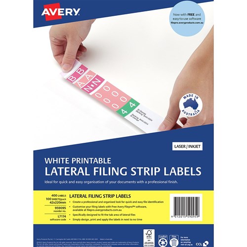 Avery Lateral Filing Laser & Inkjet Labels White L7174 42x200mm 400 Labels 100 Sheets