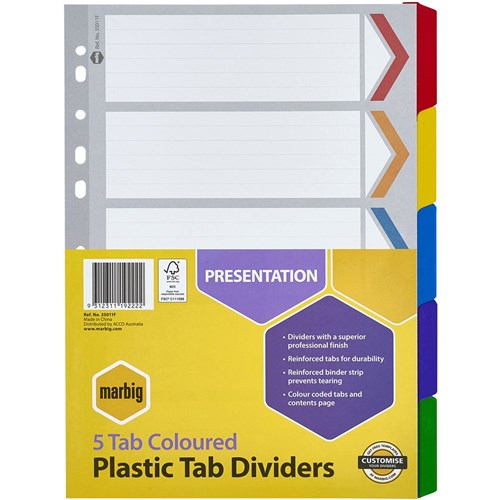 Marbig Plastic Indices & Dividers A4 Reinforced 5 Tab Multi Colour