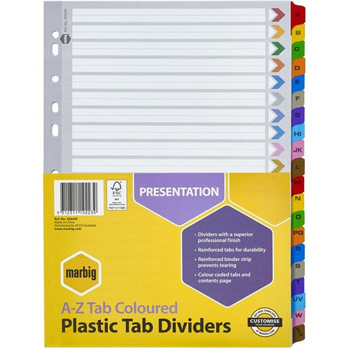 Marbig Plastic Indices & Dividers A4 Reinforced A-Z Tab Multi Colour