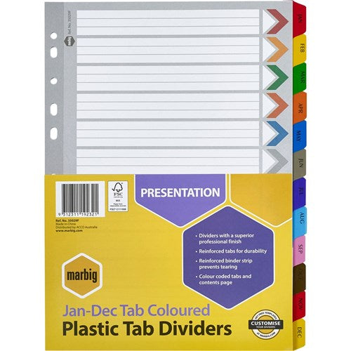 Marbig Plastic Indices & Dividers A4 Reinforced Jan-Dec Tab Multi Colour