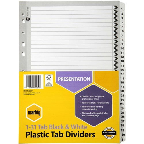 Marbig Plastic Indices & Dividers A4 Reinforced 1-31 Tab Black