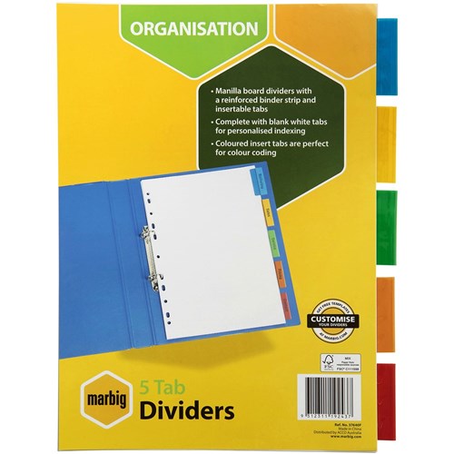 Marbig Manilla Indices & Dividers A4 5 Tab Multi Colour