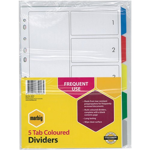 Marbig Plastic Indices & Dividers A4 5 Tab Multi Colour