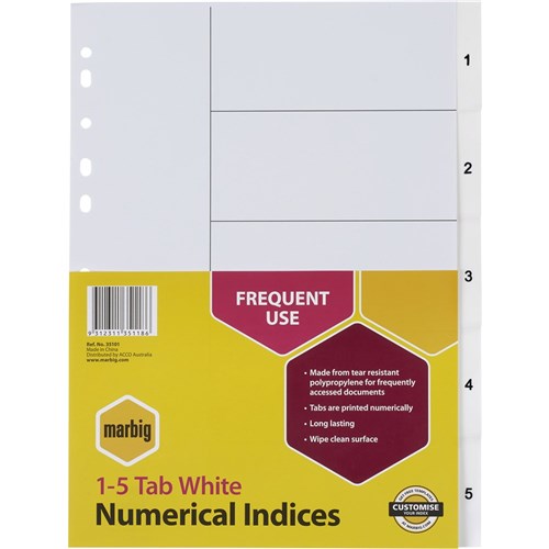 Marbig Plastic Indices & Dividers Tabs A4 1-5 White