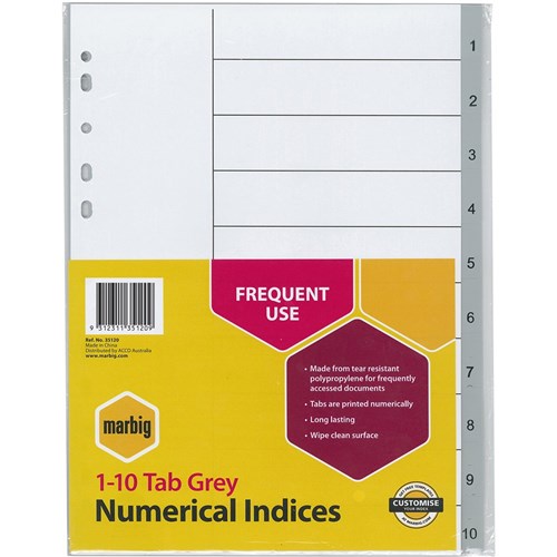 Marbig Plastic Indices & Dividers A4 Indices 1-10 Grey