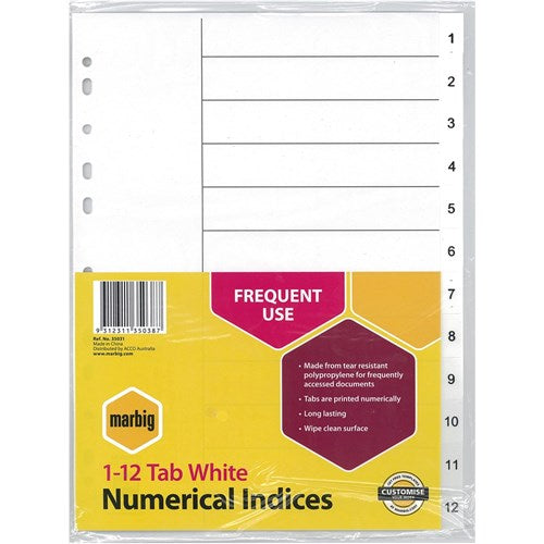 Marbig Plastic Indices & Dividers Tabs A4 1-12 White