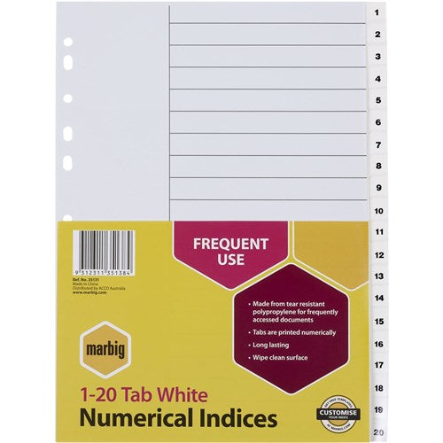 Marbig Plastic Indices & Dividers A4 1-20 White