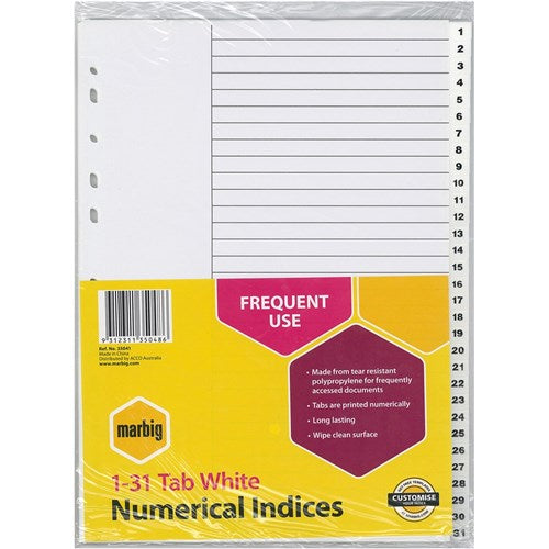 Marbig Plastic Indices & Dividers A4 1-31 Tab White