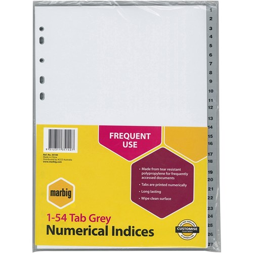 Marbig Plastic Indices & Dividers A4 1-54 Grey