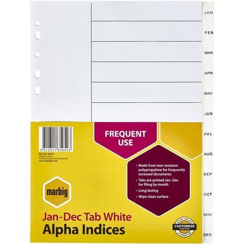 Marbig Plastic Indices & Dividers A4 Jan-Dec White