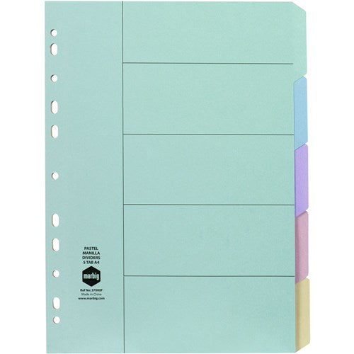 Marbig Manilla Indices & Dividers A4 5 Tab Pastel Colours