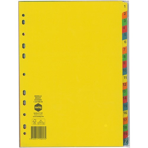 Marbig Manilla Indices & Dividers A4 1-20 Tab Bright Colours