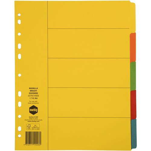 Marbig Manilla Indices & Dividers A4 Extra Wide 5 Tab Bright Colours