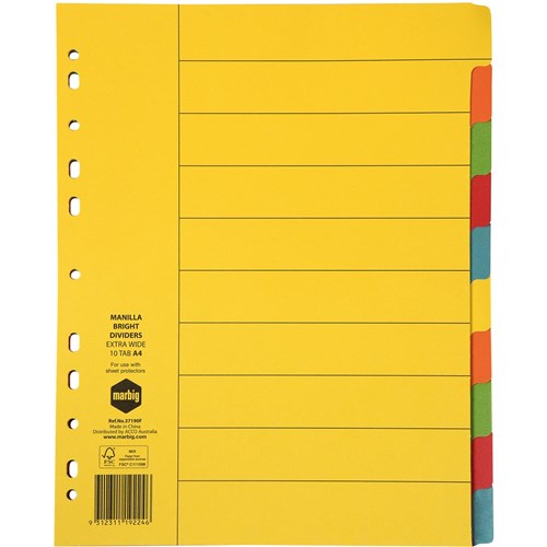 Marbig Manilla Indices & Dividers A4 Extra Wide 10 Tab Bright Colours