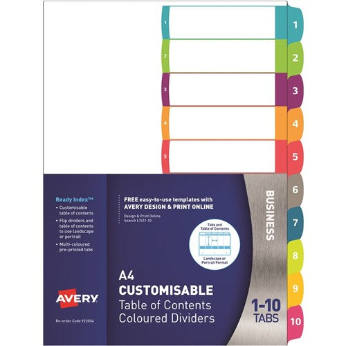 Avery L7411-10 Customisable Dividers A4 1-10 Index Tabs Bright Assorted