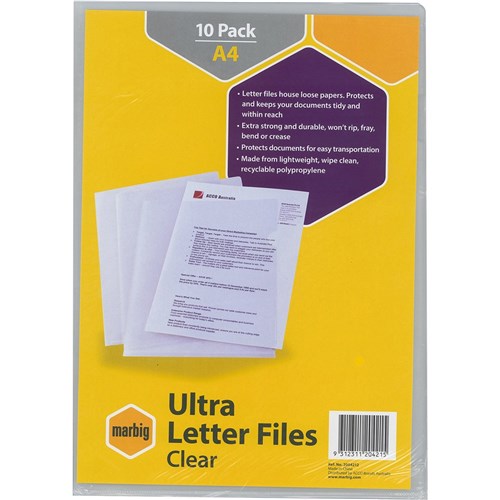 Marbig Ultra Letter Files A4 Polypropylene Clear Pack Of 10