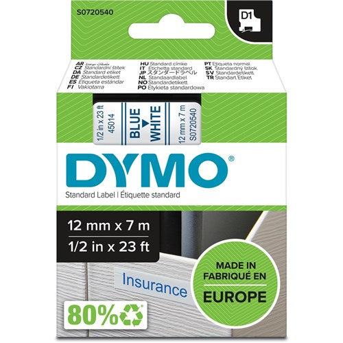 Dymo D1 Label Cassette Tape 12mmx7m Blue on White