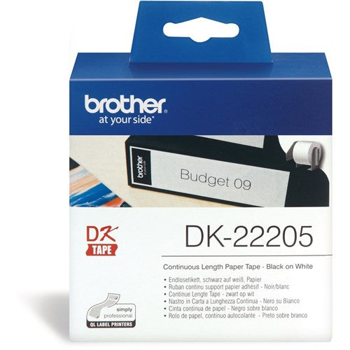Brother DK-22205 Label Rolls 62mmx30.48m Black on White Adhesive Paper | Better Office