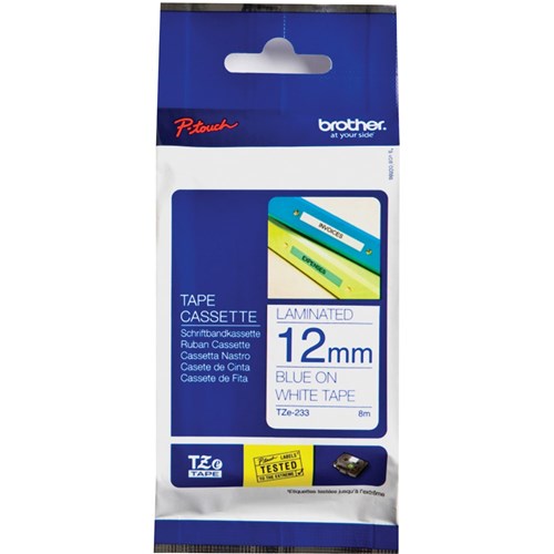 Brother TZE-233 P-Touch Laminated Tape 12mm x 8m Blue On White | Better Office
