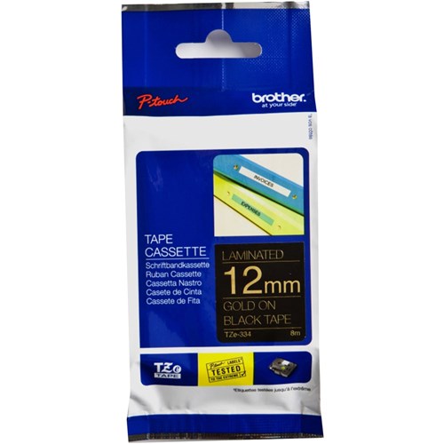 Brother TZE-334 P-Touch Laminated Tape 12mm x 8m Gold On Black | Better Office