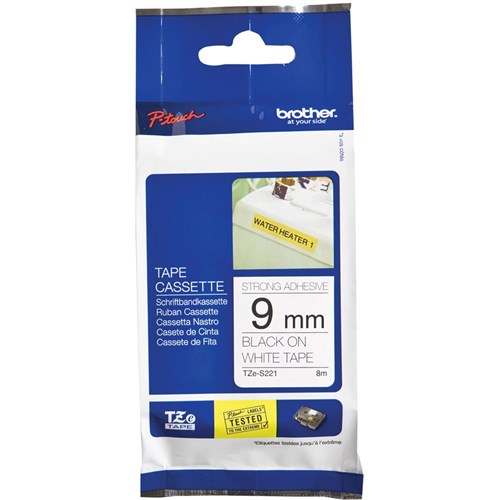 Brother TZE-S221 P-Touch Tape 9mmx8m Black on White Strong Adhesive | Better Office