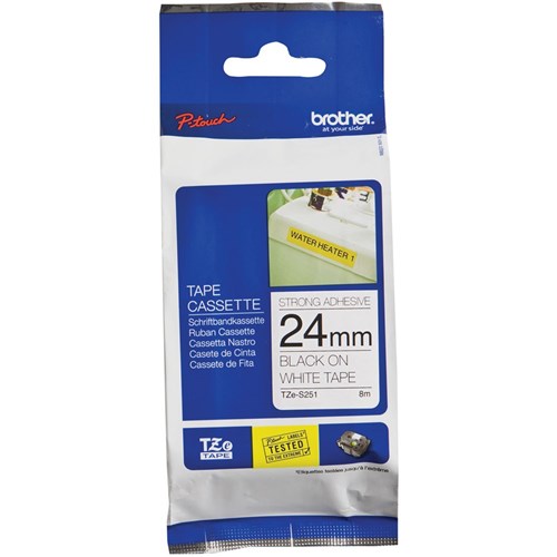 Brother TZE-S251 P-Touch Tape 24mmx8m Black on White Strong Adhesive | Better Office