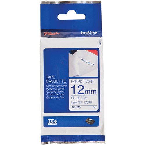 Brother TZE-FA3 P-Touch Tape 12mmx3m Iron On Fabric Blue on White | Better Office