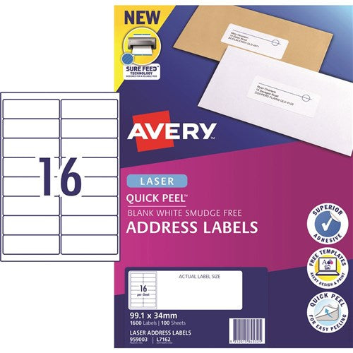 Avery Quick Peel Address Laser White L7162 99.1x34.2mm 16UP 1600 Labels 100 Sheets