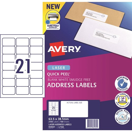 Avery Quick Peel Address Laser White L7160 63.5x38.1mm 21UP 2100 Labels 100 Sheets