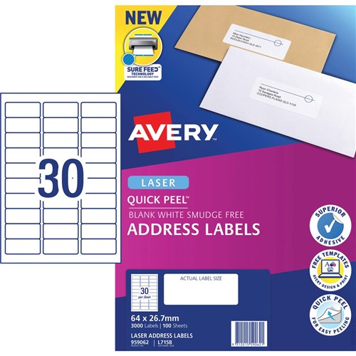 Avery Quick Peel Address Laser White L7158 64x26.7mm 30UP 3000 Labels 100 Sheets