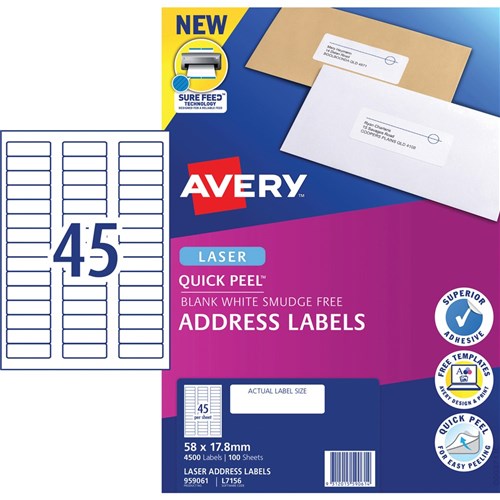 Avery Quick Peel Address Laser White  L7156 58x17.8mm 45UP 4500 Labels 100 Sheets