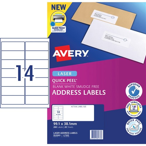 Avery Quick Peel Address Laser Labels White L7163 99.1x38.1mm 14 UP 280 Labels 20 Sheets