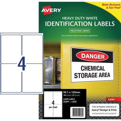 Avery Identification Laser Heavy Duty White L7069 99.1x139mm 4UP 100 Labels