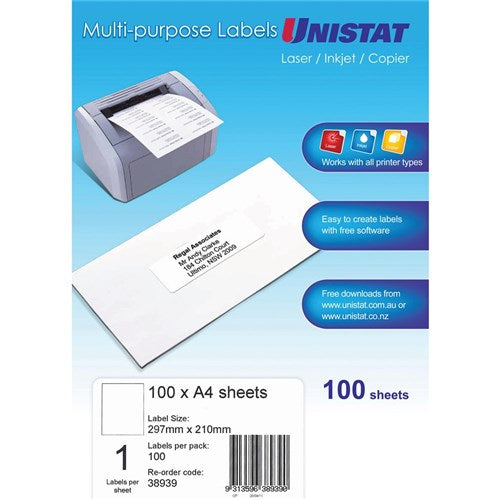 Unistat Laser Copier & Inkjet Labels 297x210mm 1UP 100 Labels 100 Sheets