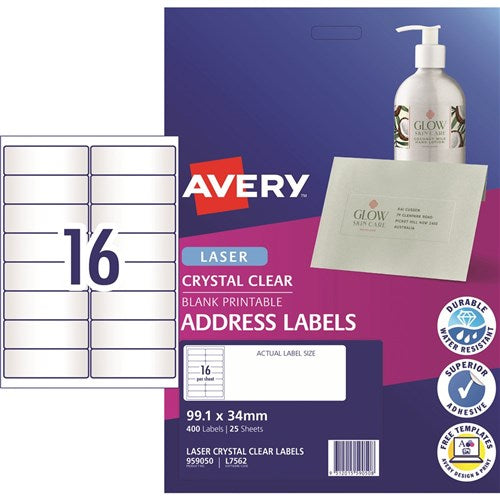 Avery Crystal Clear Laser Address Labels White L7562 99.1x34mm 16UP 400 Labels