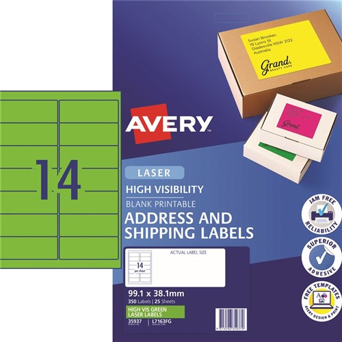 Avery High Visibility Shipping Laser Fluoro Green L7163FG 99.1x38.1mm 14UP 350 Labels