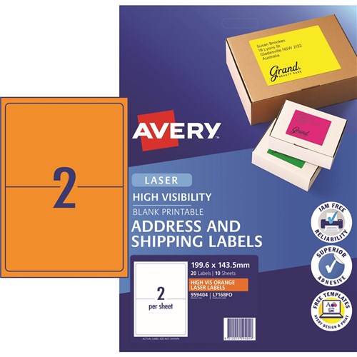 Avery High Visibility Shipping Laser Labels Orange L7168FO 199.6x143.5mm 2UP 20 Labels