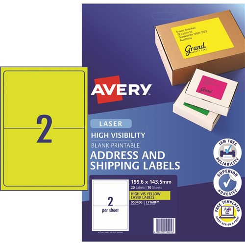 Avery High Visibility Shipping Laser Labels Yellow L7168FY 199.6x143.5mm 2UP 20 Labels | Better Office