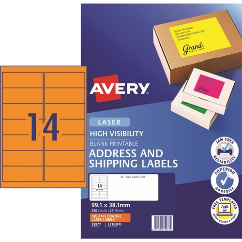 Avery High Visibility Shipping Laser Labels Orange L7163FO 99.1x38.1mm 14UP 350 Labels