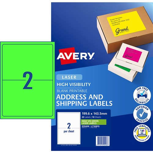 Avery High Visibility Shipping Laser Labels Green L7168FG 199.6x143.5mm 2UP 20 Labels