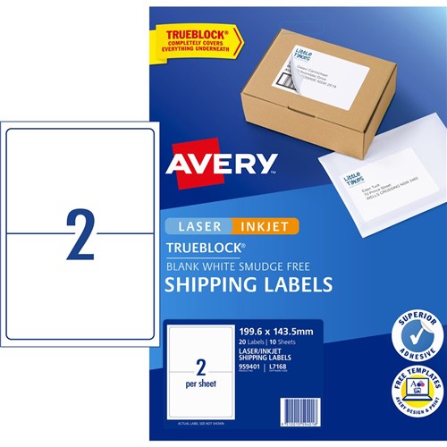 Avery Internet Shipping Laser & Inkjet Labels White L7168 199.6x143.5mm 2UP 20 Labels