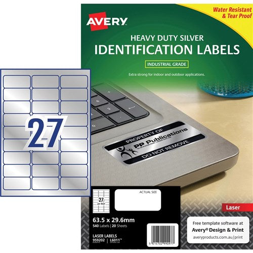 Avery Heavy Duty Laser Labels Asset Tags Silver L6011 63.5x30mm 27UP 540 Labels